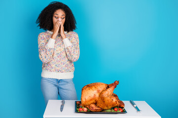 Sticker - Photo portrait of lovely young lady celebrate thanksgiving look smell spoiled stinky dinner turkey isolated on blue color background