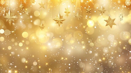 Wall Mural - Festive christmas gold bokeh background featuring dazzling lights, sparkling stars, and soft dots - perfect for holiday-themed designs and celebratory wallpaper.


