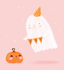 Wall Mural - Sweet Little Ghost and Funny Pumpkin. Cute Halloween Hand Drawn Vector Illustration with Kawaii Style Ghost on a Pink Background. Funny Halloween Print With Little Ghost Holding Garland with 