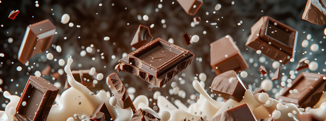 White Milk and Sweet Chocolate background. Dark brown sweet food closeup. Flying pieces of crushed chocolate