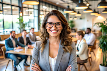 Wall Mural - Businesswoman with glasses smiling in modern co-workplace, Positive work environment concept