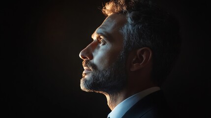 profile portrait of a contemplative man with a beard, dressed in a suit, highlighted dramatically by