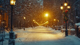 Snow-covered street with street lamps at night