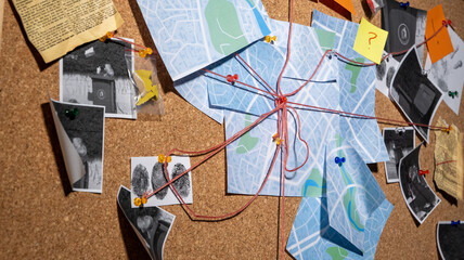 A close-up of a detective board with a map, photos and clues marked with red threads connecting at one point