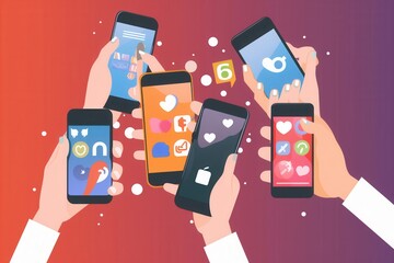 Aufkleber - Multiple hands are engaged with smartphones displaying various social media applications in a colorful environment highlighting connectivity. Generative AI
