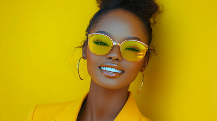 Sticker - A joyful woman in yellow attire and sunglasses against a bright background.