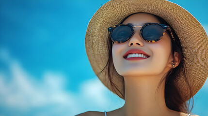 Canvas Print - A joyful woman in a hat and sunglasses smiles against a blue sky.