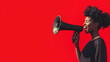 © Magic Soba - Black woman. A person shouting through a megaphone. Copy space, Discounts, Promotions, Black Friday, Announcements, Promotions, Bonuses.