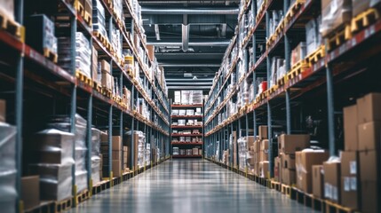 Warehouse Aisle with Shelves of Organized Boxes and Goods