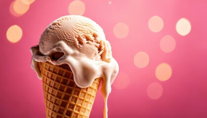 Melted ice cream and wafer cone on light pink background 