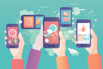 Aufkleber - Several hands are shown holding smartphones, each featuring different social media applications and vibrant graphics. Generative AI