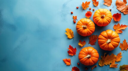 Poster - Fall pumpkins and leaves on blue background with space for text