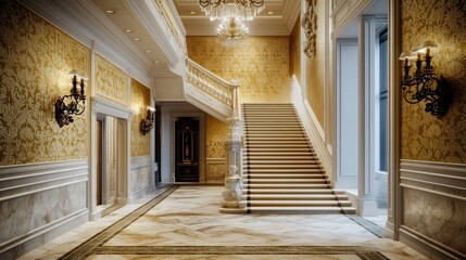 Wall Mural - An extravagant entry hallway with gold embossed wallpaper