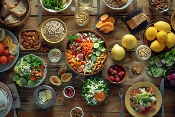 Poster - An inviting wooden table showcases a variety of healthy foods like fresh fruits, vegetables, nuts, and nutritious balanced meals ready for sharing. Generative AI