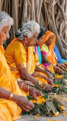 spiritual gathering: elderly women offering marigold flowers in india