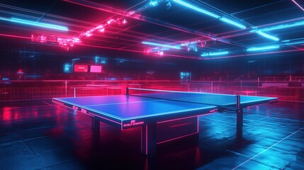 Wall Mural - A vibrant neon wireframe illustrates a dynamic table tennis venue