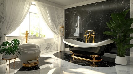 Wall Mural - An opulent bathroom with a chic black and white marble floor