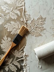 Poster - A wooden brush and a wallpaper roller are used to apply a textured design on a wall, showcasing home renovation efforts. Generative AI