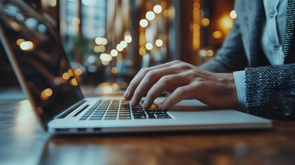 Canvas Print - A person typing on a laptop in a cozy, well-lit environment.