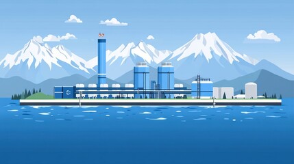 Poster - Modern Industrial Facility by the Waterfront with Mountain Backdrop