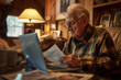 © Edgar Martirosyan - closeup,Elderly man sitting on the couch in his living room,  working with paper documents near a laptop computer.