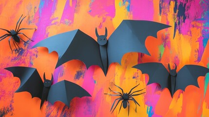 Canvas Print - Halloween decorations featuring paper bats and spiders on a vibrant background