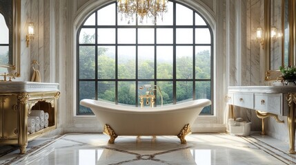 Wall Mural - An opulent master bathroom with a freestanding tub in front of a large window