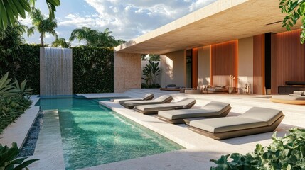 Wall Mural - An opulent pool area with sleek loungers