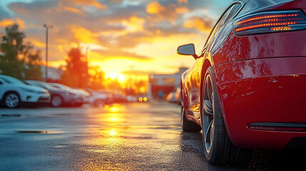 Canvas Print - A red car parked with a sunset reflecting on wet pavement.