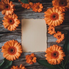 Vibrant orange gerbera daisies surround a blank space on weathered wood in a cheerful floral display