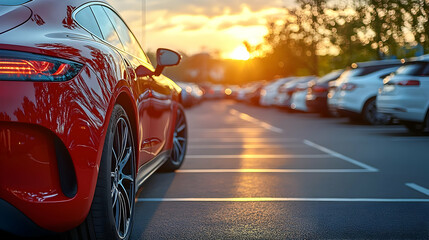 Poster - A red sports car parked in a lot during sunset.