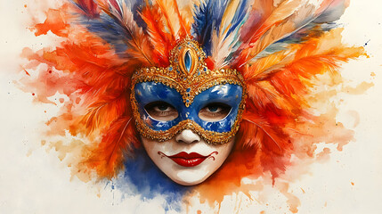 Wall Mural - Watercolor painting of a Venetian mask with feathers.