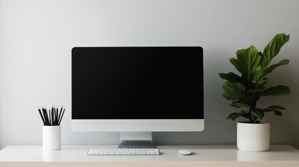 Poster - Minimalist Workspace with Computer and Plants for a Productive Home Office