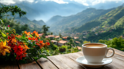 Sticker - A serene view of mountains with a coffee cup and flowers.