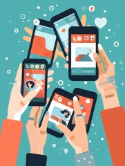 Aufkleber - Several hands grasp smartphones, showcasing open social media applications against a colorful background, illustrating online connectivity. Generative AI
