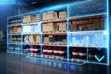 Poster - Interior of modern warehouse. High-tech storage center. Barrels and boxes on pallet racks. Warehouse inside industrial building. Glowing lines are metaphor for warehouse technology. 3d image