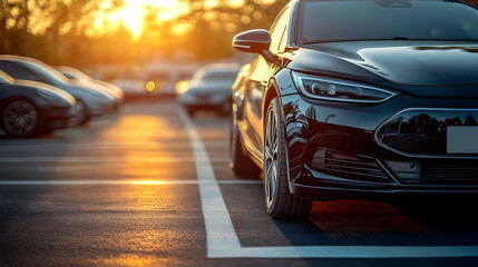 Canvas Print - A sleek black car parked in a sunset-lit parking lot.