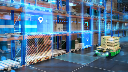 Poster - Innovation warehouse. Storage with virtual reality technology. Warehouse shelves with machine vision technology. Innovations in fulfillment process. Warehouse center with virtual markings. 3d image