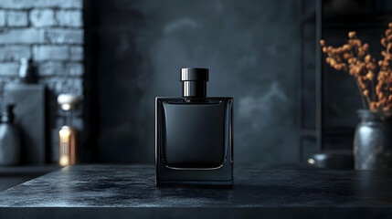 Poster - A sleek black perfume bottle on a dark, textured surface.