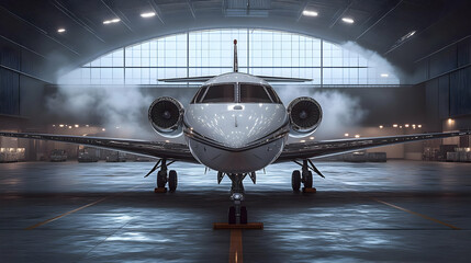 Poster - A sleek jet aircraft in a spacious hangar with dramatic lighting.