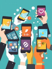Aufkleber - Multiple hands hold smartphones that showcase a variety of colorful social media applications on bright backgrounds. Generative AI