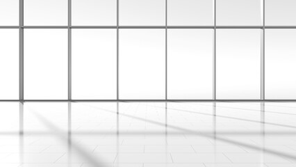 Poster - Panoramic windows in business center. Empty building is illuminated by sunlight. Airport terminal interior without anyone. Light floor inside office building. Empty room for bank. 3d image