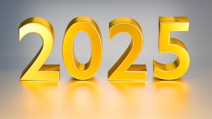 Fototapete - Volumetric numbers 2025. New year logo. Golden numbers 2025 for holiday banner. Minimalistic new year background. Concept approaching end of year. 2025 logo on grey. Background, wallpaper. 3d image