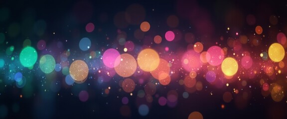 Vibrant bokeh lights in various colors float against a dark background, creating a dreamy and festive atmosphere. The image highlights light patterns, colors, and mood.