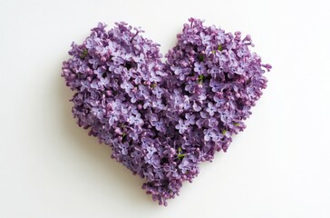 A heart shape made of vibrant purple lilac flowers arranged on a clean white background