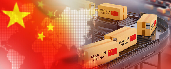 Poster - Made in China products. Cardboard boxes on conveyor belt. PRC flag. Production in people republic of China. Parcels with symbol of China on conveyor belt. Production line in Beijing. 3d image