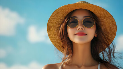 Canvas Print - A smiling woman in sunglasses and a straw hat against a blue sky.