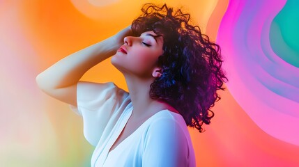 Canvas Print - Young woman with curly hair poses in front of a colorful backdrop.