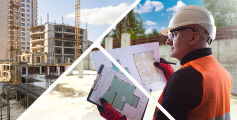 Poster - man builder. guy with architectural drawings. builder will build multi-storey buildings. bite of res