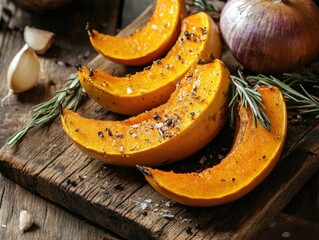 Wall Mural - Roasted pumpkin with onion and garlic on rustic wooden surface